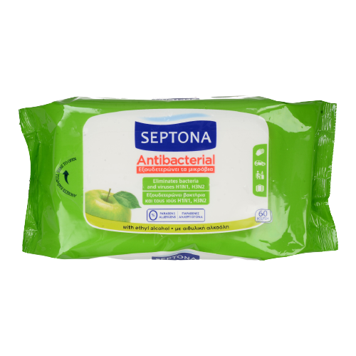 Septona Antibacterial Υγρά Μαντηλάκια Με άρωμα Πράσινο Μήλο 60τμχ