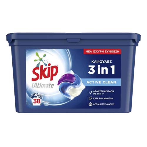 Skip Ultimate Απορρυπαντικό Πλυντηρίου Ρούχων Κάψουλες Active Clean 38τμχ 1026gr